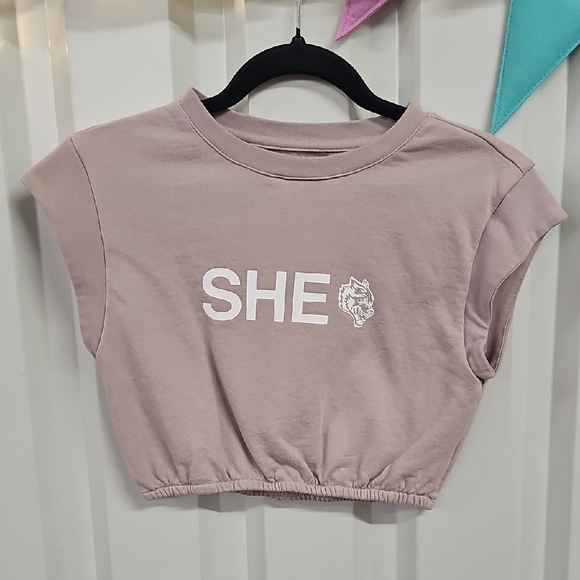 Pink Crop Top with Elastic Hem and Graphic Print - Picture 1 of 3